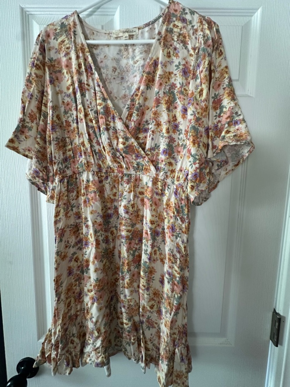 Rewind Cream Floral V-Neck Mini Dress with Pink and Yellow Accents